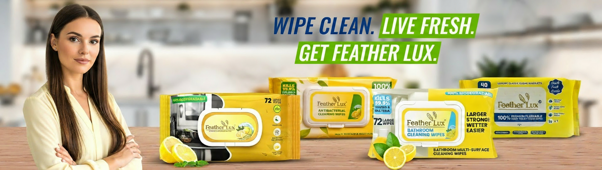 Woman standing next to Feather Lux wipes packaging on a table with a kitchen background.